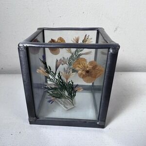 VTG Stained Glass Candle Holder Dried Pressed Flowers International Silver Co